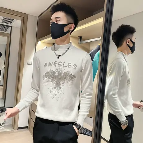 半高领毛衣男秋冬季2023新款时尚烫钻字母个性针织衫修身打底线衣商品大图