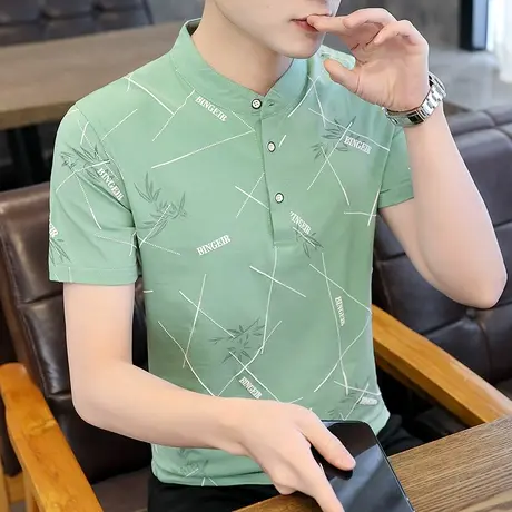 夏季潮流男装男士短袖T恤纯棉立领修身有带领polo衫男中国风汗衫商品大图