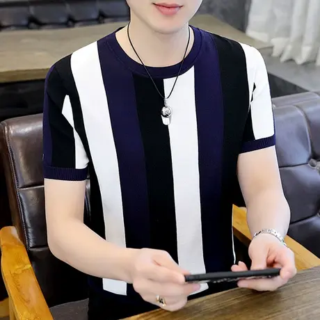 薄款夏装针织t恤男士潮流拼色凉感修身体恤2022男式高端冰丝短袖商品大图