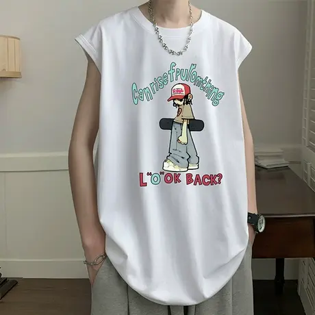 夏季无袖t恤男潮牌卡通印花宽松圆领汗衫上衣服美式纯棉男生背心T商品大图