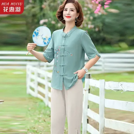 妈妈夏装洋气新款中袖小衫中年女上衣母亲节衣服中老年人棉麻套装商品大图
