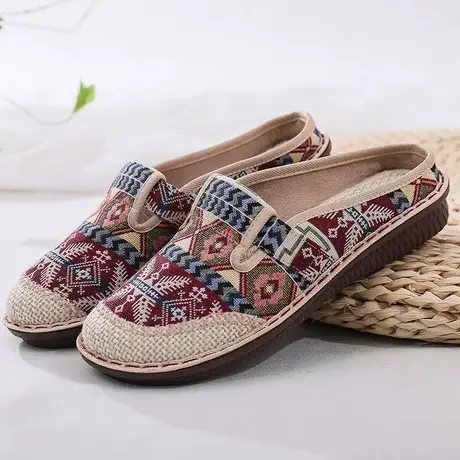 老北京布鞋女透气妈妈鞋一脚蹬懒人鞋女外穿凉鞋民族风包头半拖鞋商品大图