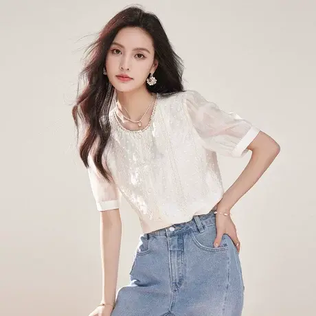 时尚气质短袖衬衫2023年夏季新款淑女温柔甜美刺绣圆领显瘦上衣图片