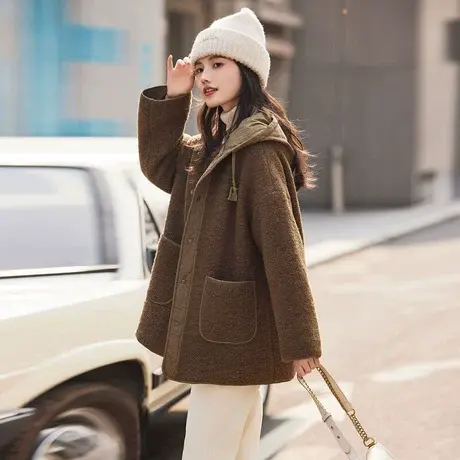 时尚气质加厚保暖皮草外套女士2023年冬季新款百搭休闲连帽上衣商品大图