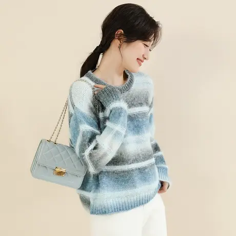 韩潮袭人圆领休闲套头加厚毛衣女2023冬装新款宽松软糯条纹打底衫图片