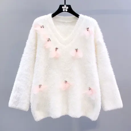 日系甜美重工镶钻水貂绒V领毛衣女秋冬2023新款温柔风软糯针织衫商品大图
