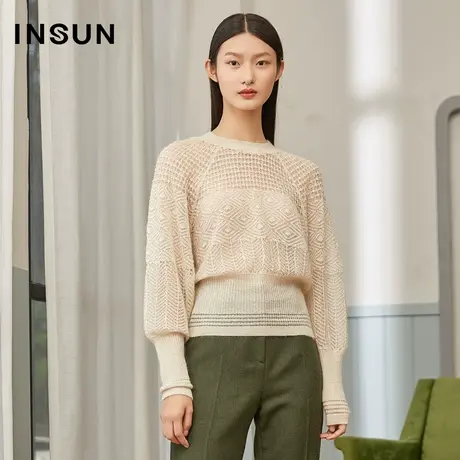 INSUN恩裳冬季灯笼袖马海毛桑蚕丝套头毛针织衫图片