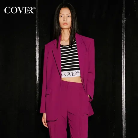 COVER秋季火龙果色仿醋酸宽肩垂感西装外套图片