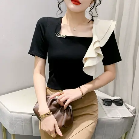 欧货荷叶边短袖T恤女2024夏装新款设计感小众上衣显瘦别致小衫潮商品大图