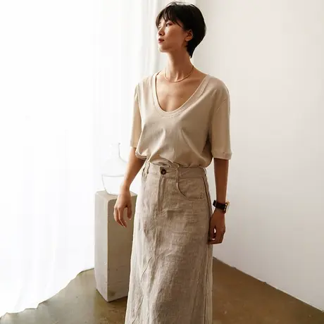 短袖t恤女2023秋季新款小众独特别致上衣大圆领冷淡系高级感上衣图片