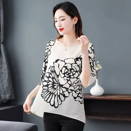 短袖t恤女2023新款夏季独特上衣超好看减龄上衣雪纺洋气胖MM小衫商品大图