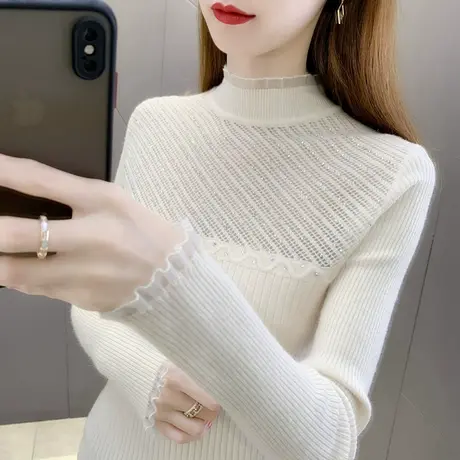 2023年秋季新款半高领蕾丝针织打底衫女修身内搭套头毛衣洋气百搭图片