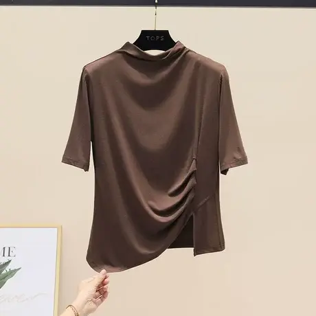 纯色百搭半高领t恤五分袖不规则遮肉下摆莫代尔莱卡弹力T恤衫女潮图片