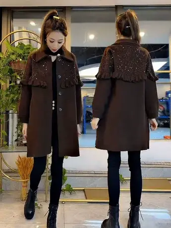 秋冬新款大衣灯笼袖荷叶边女中长款小个子外套洋气外套女春秋宽松商品大图