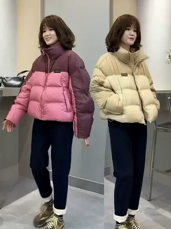 2023新款短款拼色羽绒服外套女冬季短款白鸭绒面包服休闲加厚外套图片