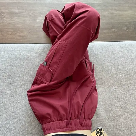 酒红色美式工装裤女春秋季新款宽松直筒小个子阔腿束脚休闲运动裤商品大图