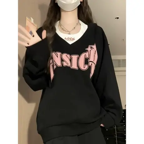 挂脖背心卫衣女两件套春秋薄款宽松学院风美式小众设计感无帽上衣商品大图