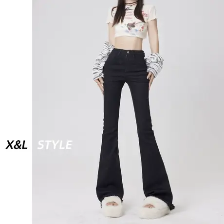 黑色加绒微喇叭牛仔裤女秋冬季2023新款复古高腰显瘦喇叭加长裤子图片