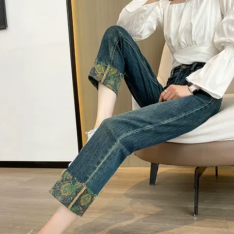 蓝色高腰直筒牛仔裤女2025年新款秋季宽松显瘦九分印花卷边烟管裤商品大图