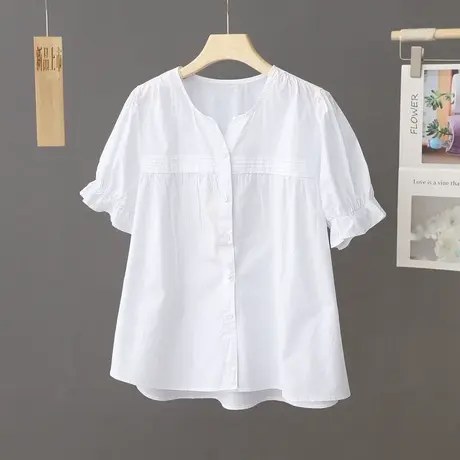 法式洋气圆领短袖白衬衫女夏装新款宽松显瘦百搭衬衣纯棉气质上衣商品大图