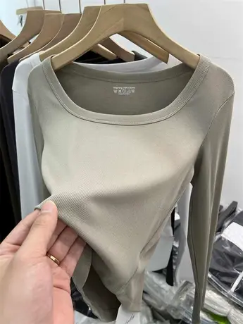 欧货设计感方领露锁骨螺纹长袖T恤女2023春装新款内搭打底衫上衣商品大图