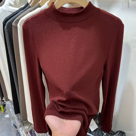 欧货亲肤柔软纯色百搭长袖T恤女2023秋冬新款修身内搭打底衫上衣商品大图