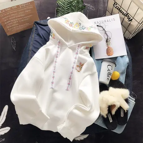 卫衣女春秋薄款2021年新款ins潮小清新刺绣花朵兔子宽松连帽外套商品大图