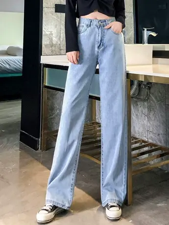 薄款小个子浅蓝色高腰春季2023直筒阔腿牛仔裤女宽松显瘦拖地长裤图片