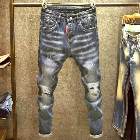 蓝色个性刮烂牛仔裤男士高端水洗时尚小脚裤潮牌破洞猫须修身裤子商品大图