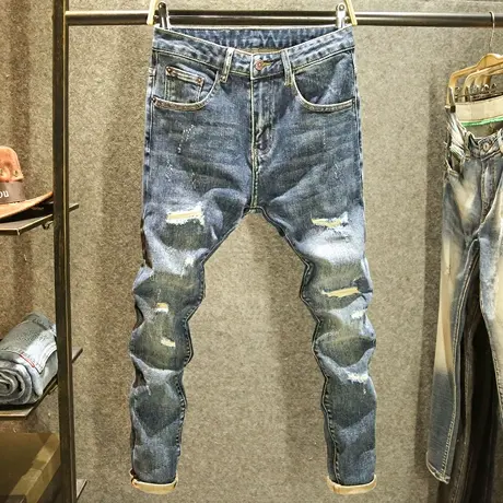 秋季潮牌破洞牛仔裤男款时尚潮流修身小脚裤个性刮烂补丁显瘦长裤商品大图