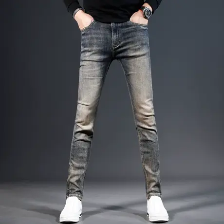 欧美高端牛仔裤男2023秋冬新款复古蓝色修身小脚休闲男士弹力裤子商品大图