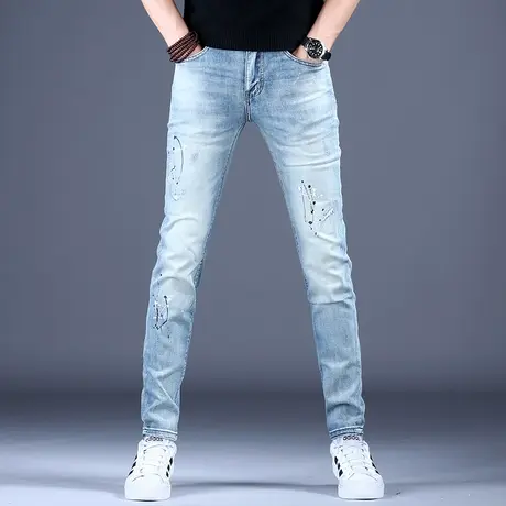 2023年网红爆款涂鸦牛子裤男款秋冬薄款修身小脚裤子弹力破洞休闲图片