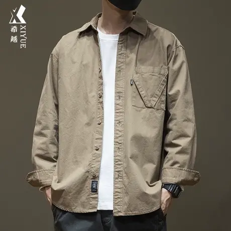希越潮男文艺范长袖衬衫男口袋2024春秋新款衬衣宽松大码开衫外套图片