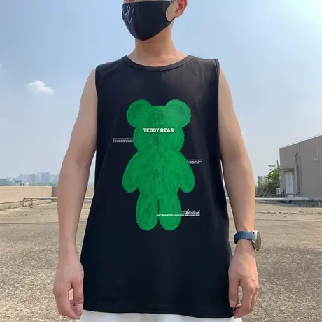 纯棉男生背心外穿小熊篮球ins大码男装运动潮流情侣无袖t恤夏季图片