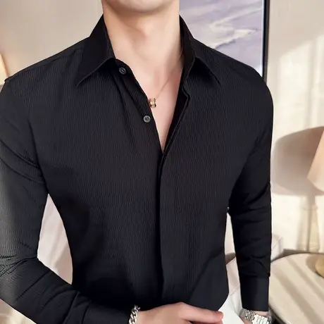 冰丝褶皱坑条衬衫男长袖春夏薄款双门襟暗扣设计感衬衣防晒外套潮图片