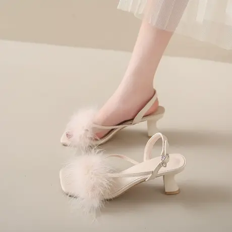 仙女风毛毛设计女鞋子外穿2023年新款夏季外穿黑色高跟鞋晚晚凉鞋商品大图