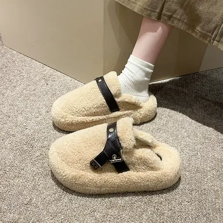 包头半拖鞋女外穿2024年新款高级感配裙子时尚毛毛鞋松糕厚底棉拖商品大图