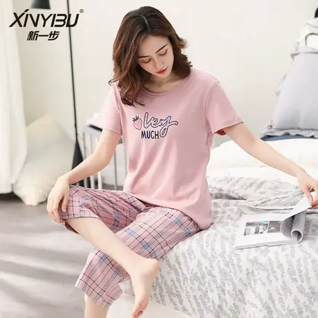 新一步睡衣女夏季2024年新款纯棉短袖七分裤家居服女士套装夏天薄商品大图