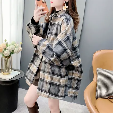 宽松慵懒风加绒格子衬衫外套女2023年新款秋冬韩版百搭设计感上衣图片