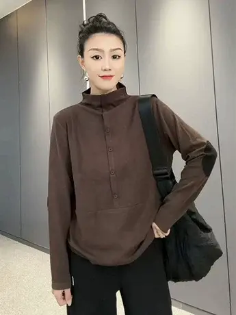 2023秋冬新款时尚保暖德绒上衣女半高领贴布长袖内搭套头T恤打底图片