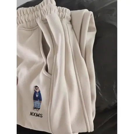 加绒加厚高腰阔腿休闲裤女秋冬韩版休闲宽松百搭卡通刺绣运动长裤图片