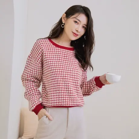 桔熊秋冬季通勤保暖千鸟格纹毛呢料宽松复古卫衣女大码AB17951图片