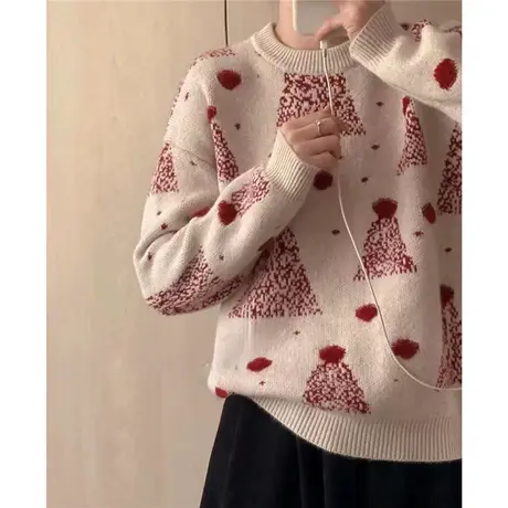 今年流行超好看毛衣2023年新款红色慵懒风圣诞树提花过年针织衫女商品大图