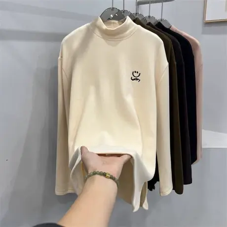 欧货宽松大版刺绣不规则开叉下摆半高领双面德绒T恤女秋冬打底衫图片