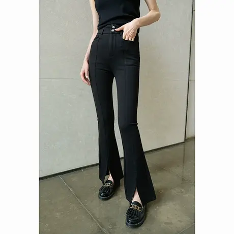 2023冬季新款气质时尚修身百搭开叉高腰微喇叭加绒保暖休闲裤女商品大图