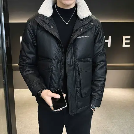 2023冬季新款羊糕毛领PU皮羽绒服男士潮修身棉服短款加厚小外套图片