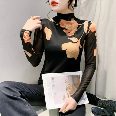 加绒秋冬2024新款T恤网纱印花洋气减龄套头上衣女修身长袖打底衫商品大图
