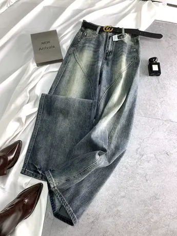 东大门磨白复古牛仔阔腿裤女2023冬季新款加绒保暖拼接宽松直筒裤图片