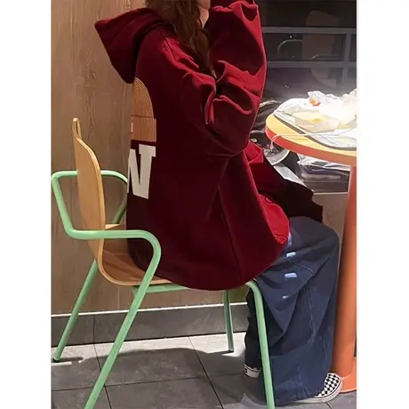 秋冬季爆款美式复古酒红色连帽卫衣女国风小个子加长厚款上衣外套商品大图