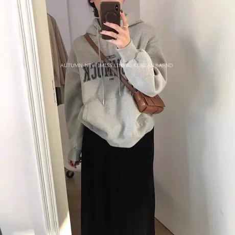 潮牌美式浅灰色卫衣女秋冬季oversize设计感连帽上衣宽松加绒外套商品大图